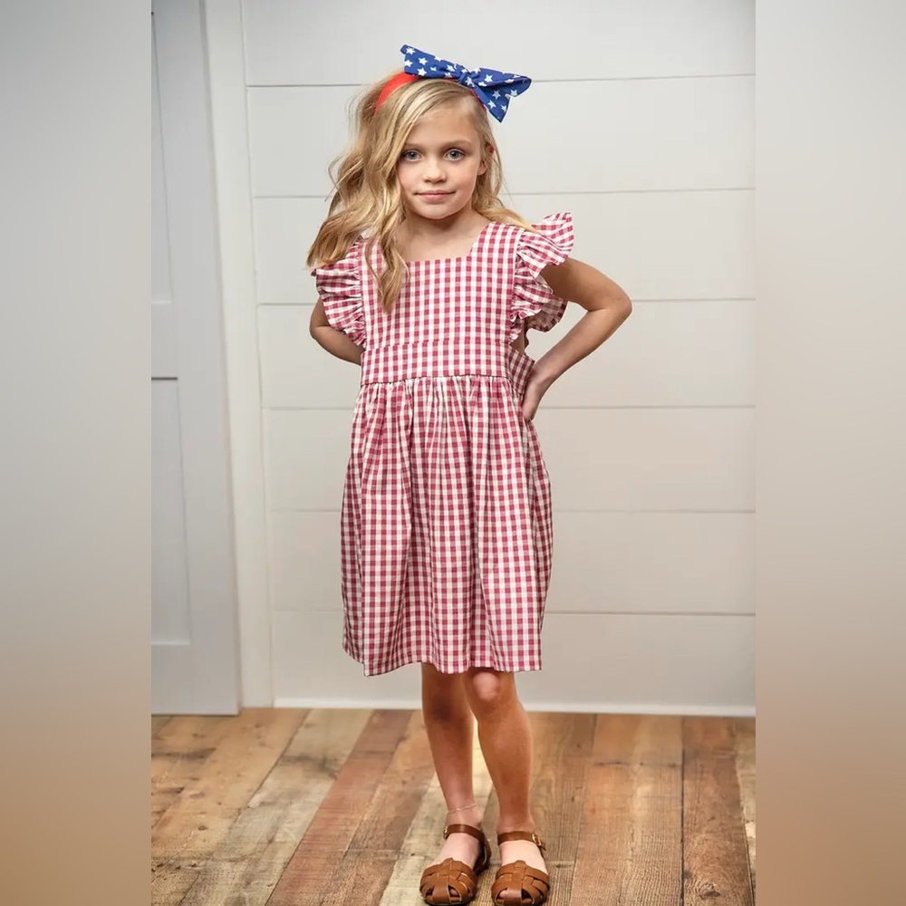 Wren & James Dress Girls Burgundy White Gingham Pinafore Size 5 Classic Ruffle